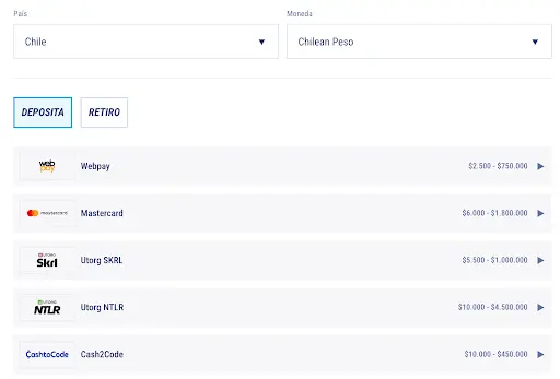 Métodos de pago disponibles en Chile – Webpay, Mastercard, Utorg, Cash2Code Opciones de depósito en TikiTaka Casino para Chile con montos en pesos chilenos