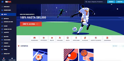 TikiTaka Casino – Apuesta deportiva, tragamonedas y bono hasta $85,000 Página principal del casino TikiTaka con bono de bienvenida y menú de navegación