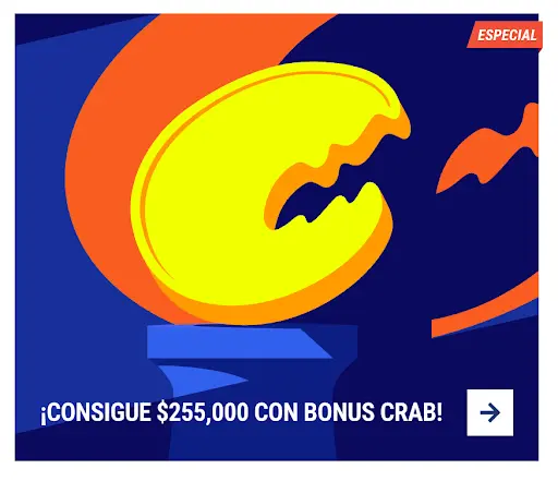 Consigue hasta $255,000 jugando con Bonus Crab Ficha amarilla con forma de cangrejo sobre pedestal azul con fondo colorido
