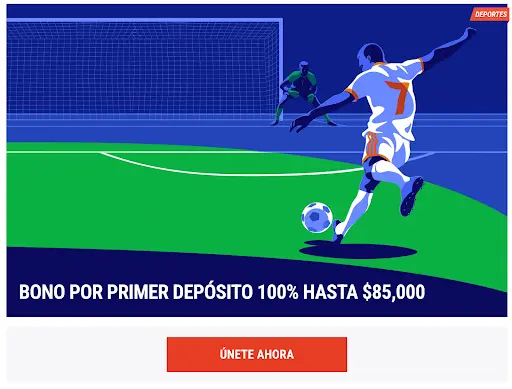 Promoción del 100% en el primer depósito hasta $85.000 – Únete ahora Bono de bienvenida en TikiTaka Casino con jugador de fútbol lanzando un penalti