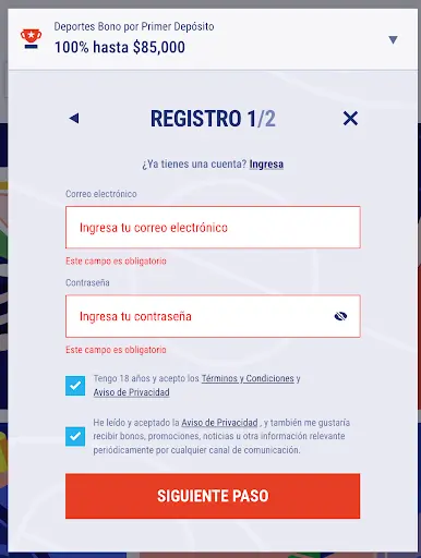 Formulario de registro de cuenta en línea con campos para correo electrónico y contraseña