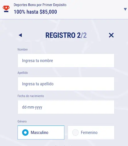 Formulario de registro en línea solicitando nombre, apellido, fecha de nacimiento y género