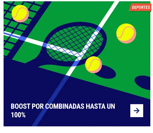 Boost de ganancias en apuestas combinadas deportivas hasta un 100% Raqueta de tenis con varias pelotas en una cancha verde