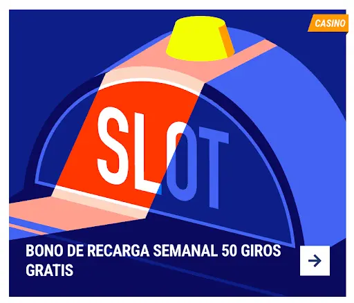 Bono semanal de recarga con 50 giros gratis en tragamonedas Máquina tragamonedas con la palabra “SLOT” y botón amarillo destacado
