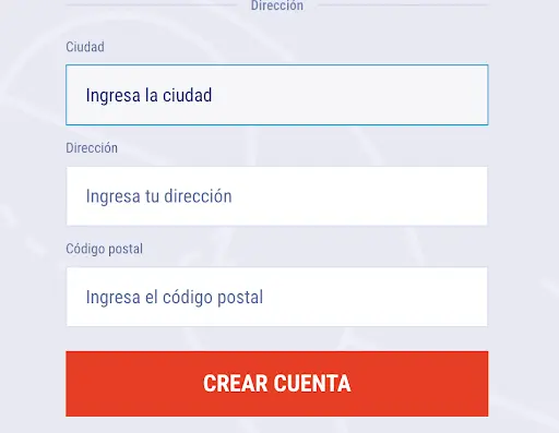 Formulario de registro con campos para ciudad, dirección y código postal, y botón rojo que dice “CREAR CUENTA”