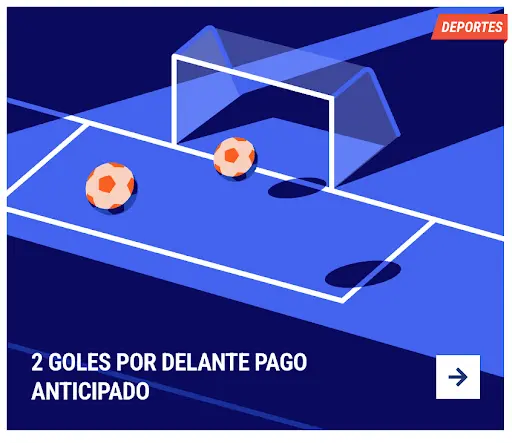 Promoción de pago anticipado si tu equipo se adelanta por 2 goles Dos balones naranjas dentro del área frente a una portería vacía