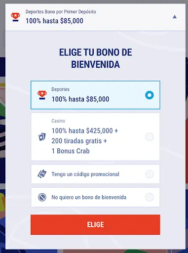 Pantalla de selección de bono de bienvenida con opciones para deportes, casino, código promocional o sin bono